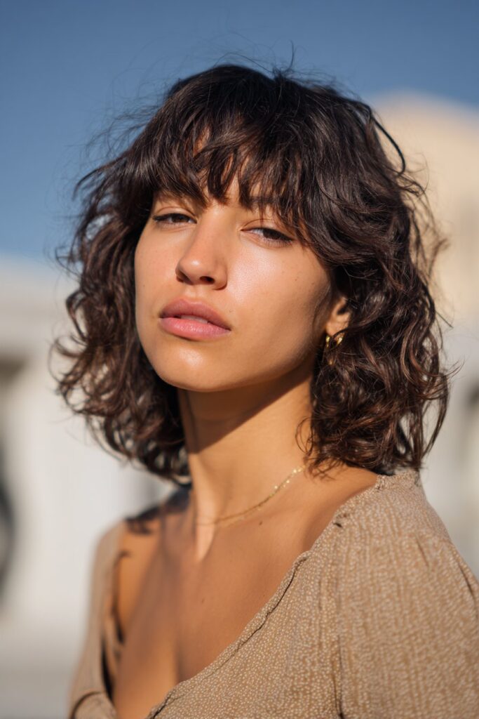 Curly shaggy haircut with bangs and textured curls
