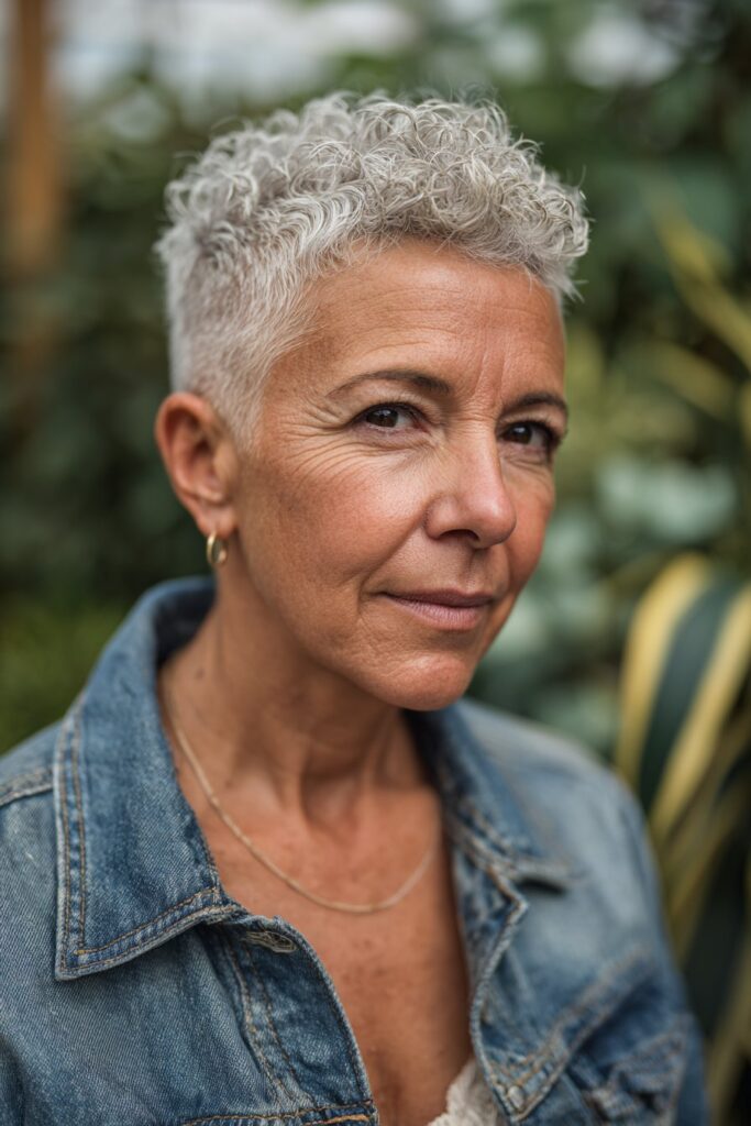 Curly spiky textured pixie haircut for older women