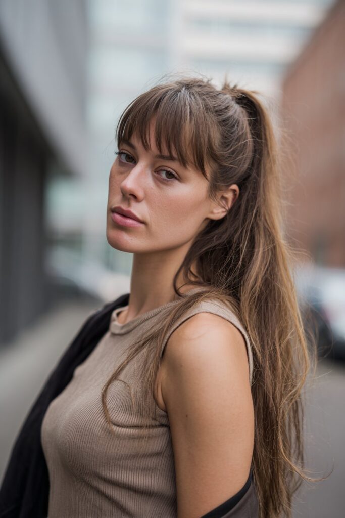 Fine long hair with curtain bangs adding soft volume and shape