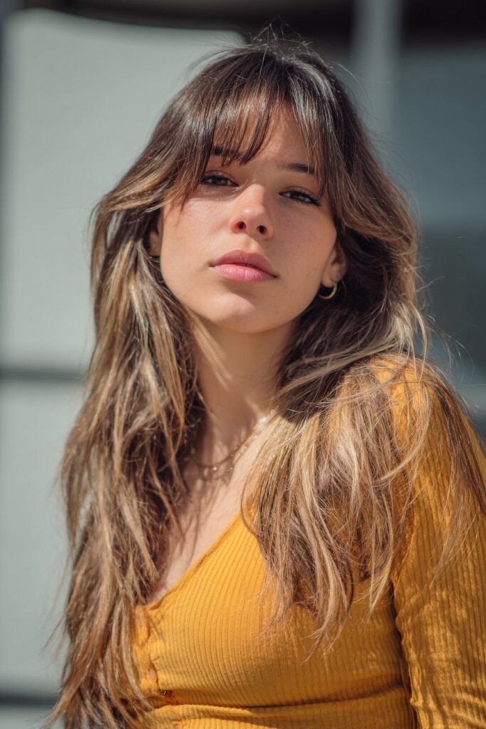 Medium length layered haircut with curtain bangs