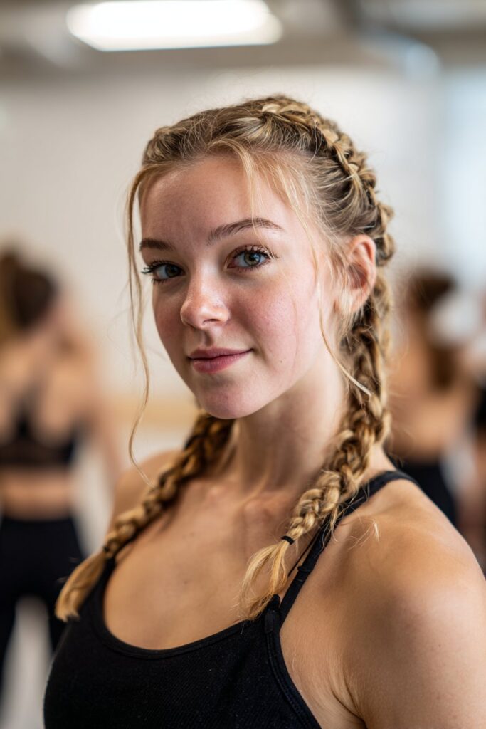 Double French braids dance hairstyle for active routines