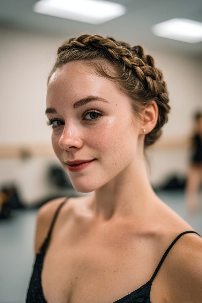 Dutch braid crown dance hairstyle with secure hold