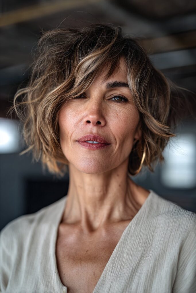 Shaggy lob haircut for women over 50 with low maintenance layered texture