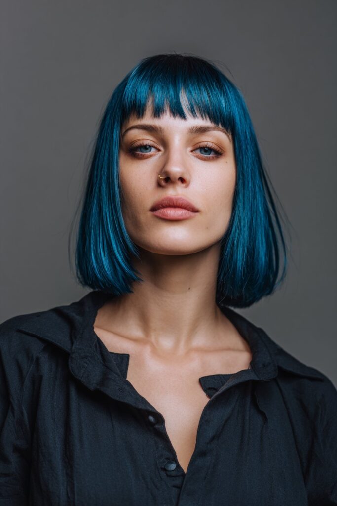 Electric blue goth bob haircut with bold color and no fringe