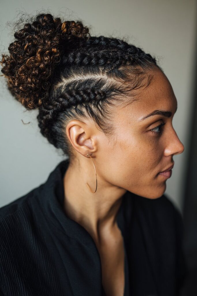 15 Gorgeous Black Hair Updo Hairstyles to Try Today 6 Elegant cornrow updo with curls on Black hair