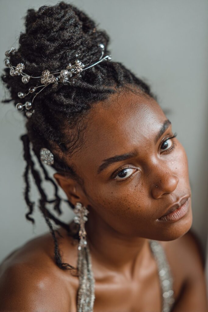 Elegant locs updo with beaded accents