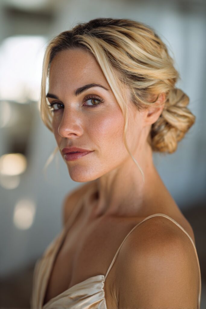 Elegant low bun fancy hairstyle with sleek finish