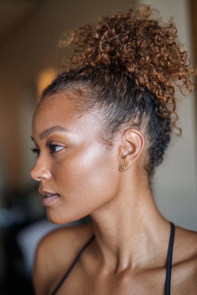 Elegant low curly bun hairstyle on Black hair