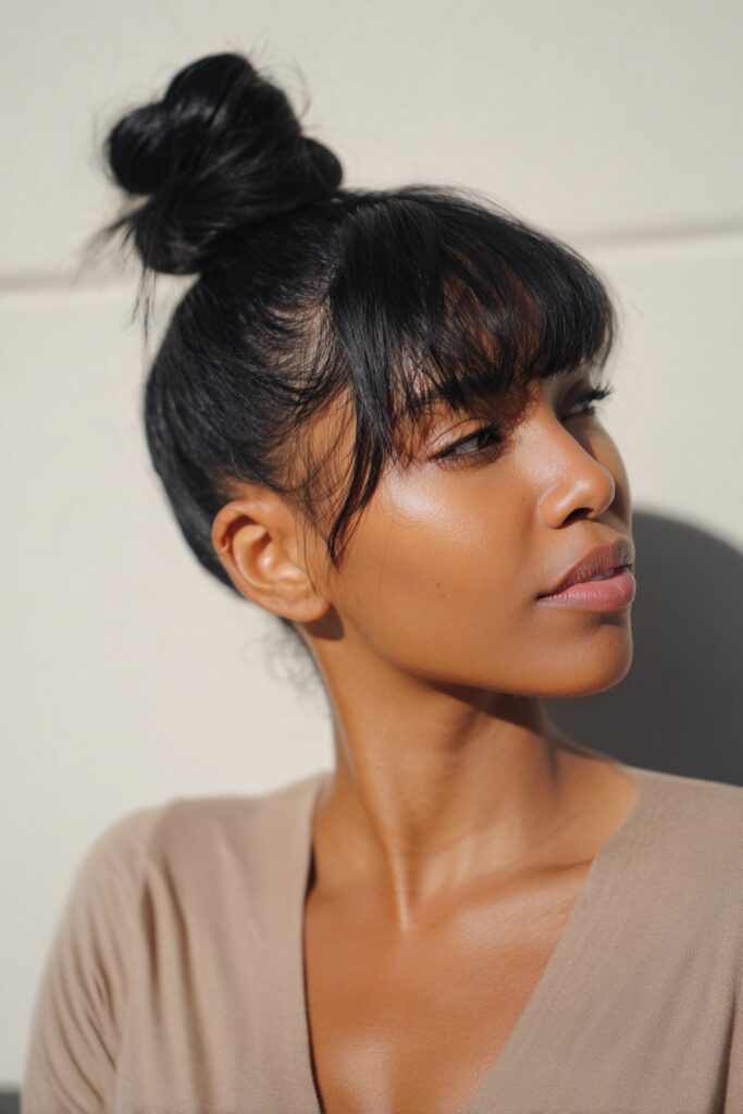15 Gorgeous Black Hair Updo Hairstyles to Try Today 12 Elegant top knot updo with bangs for Black hair