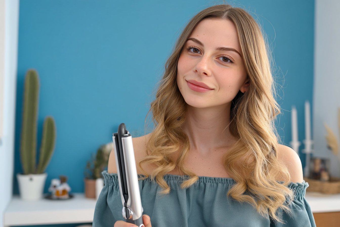 Young blonde woman holding a curling iron while styling her hair in a bright room with blue walls.