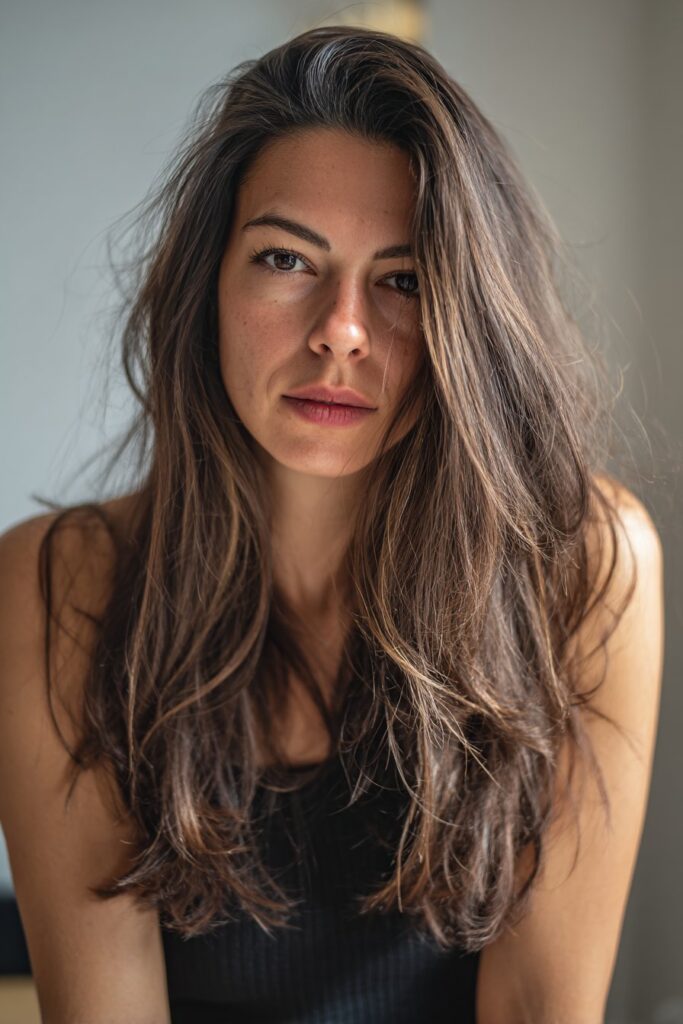 Face framing honey highlights on dark brown hair