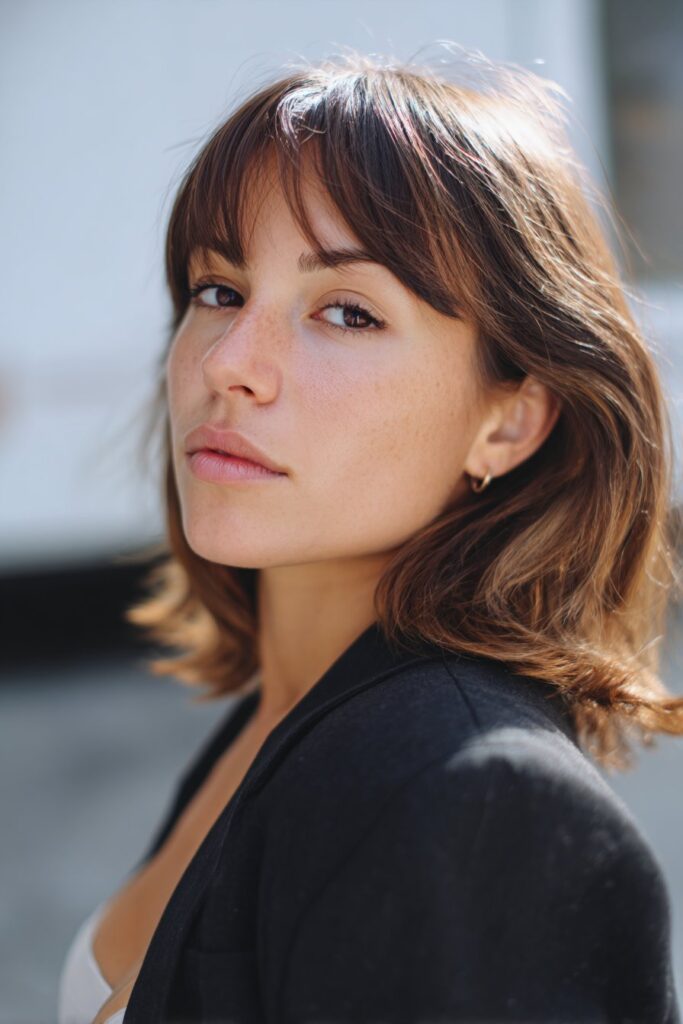 Face-framing medium length haircut with curtain bangs