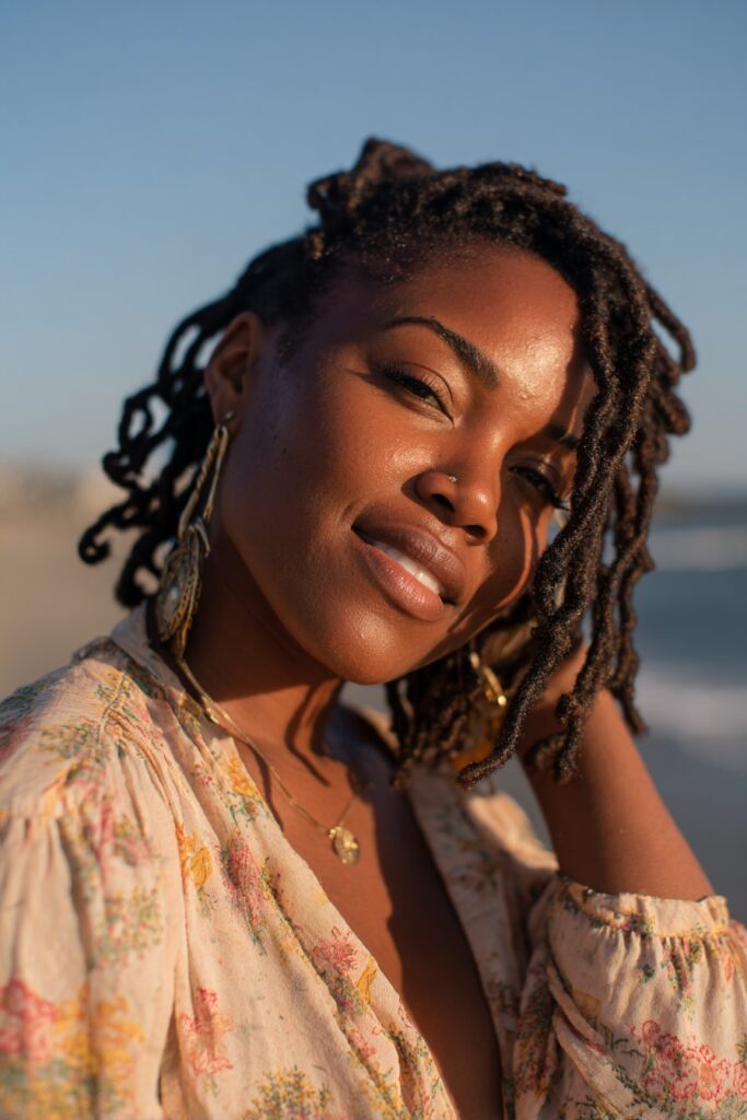 Long faux locs on Black woman, effortless island vacation style