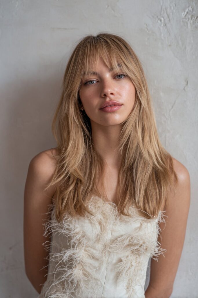 Long feathered hairstyle with curtain bangs and light volume