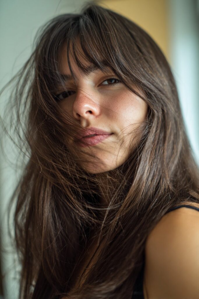 Feathered long curtain bangs framing a triangle face shape
