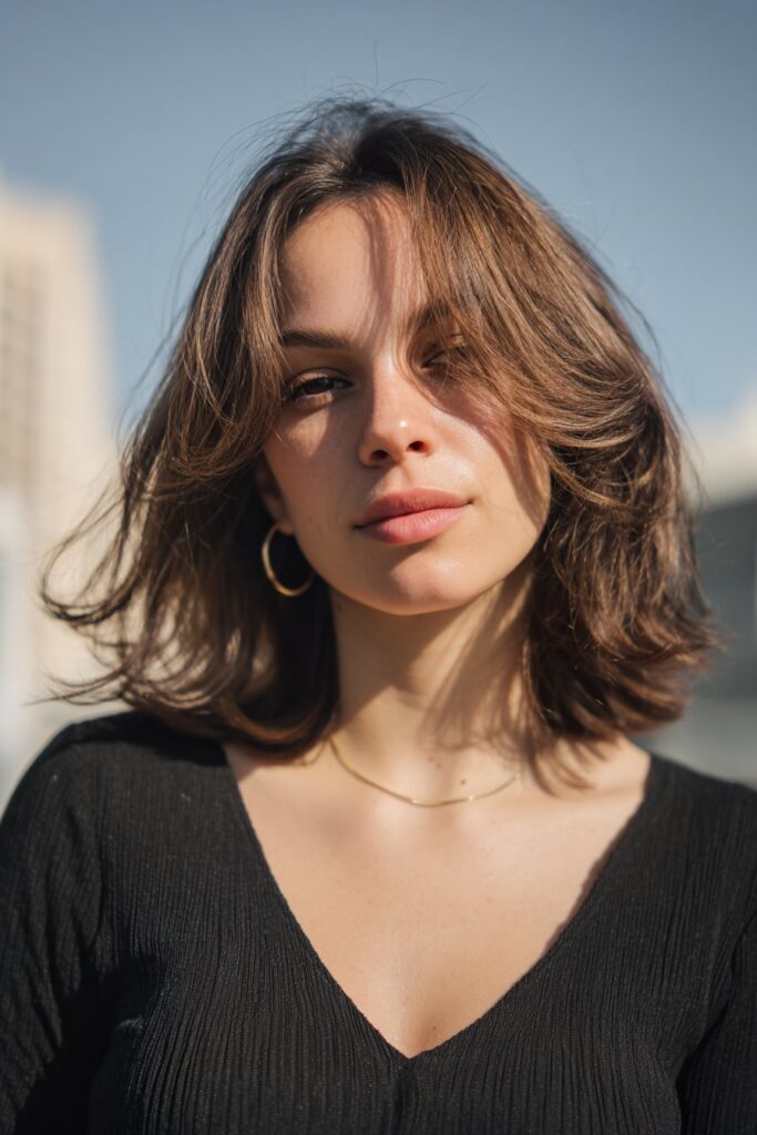 Medium length feathered layered haircut with soft volume"