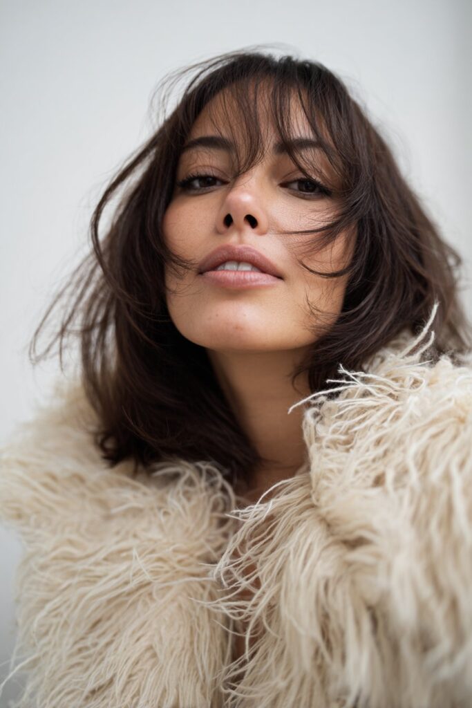 Feathered medium layered haircut with curtain bangs