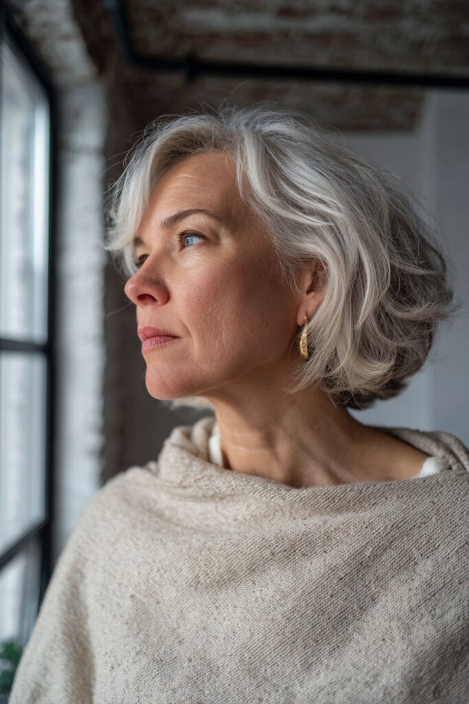 Feathered shag haircut for women over 50 with curtain bangs