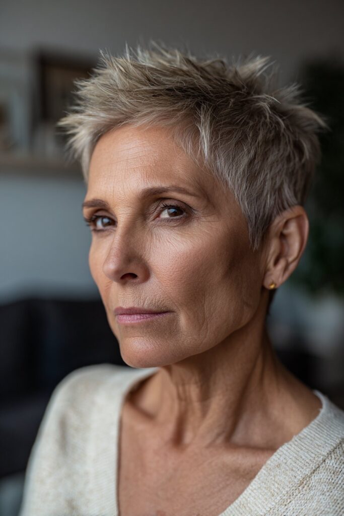 Feathered spiky pixie haircut with soft layers for mature women