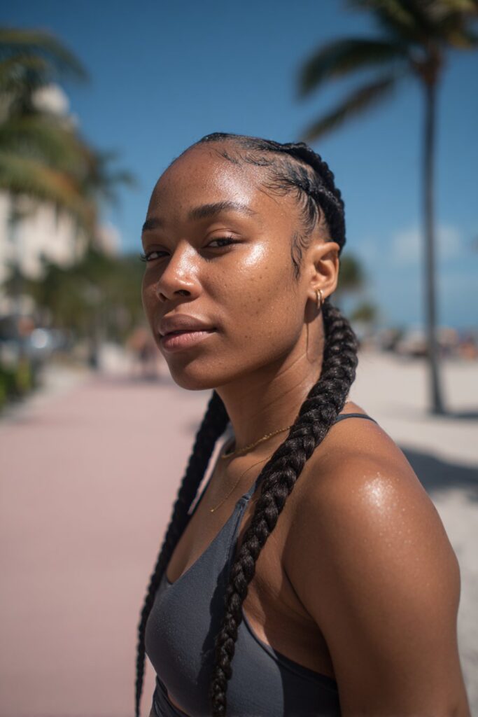 Feed-in braids on Black woman, sleek low-tension vacation style