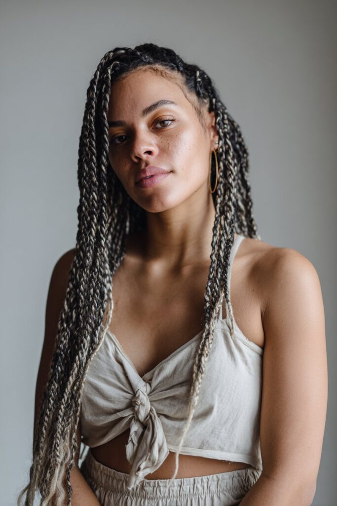 Four strand jumbo knotless braids with thick texture