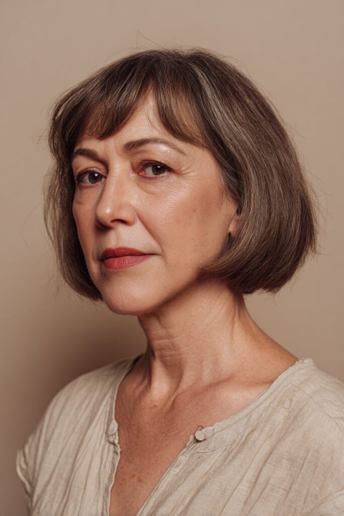French bob hairstyle for women over 60 with short bangs and volume