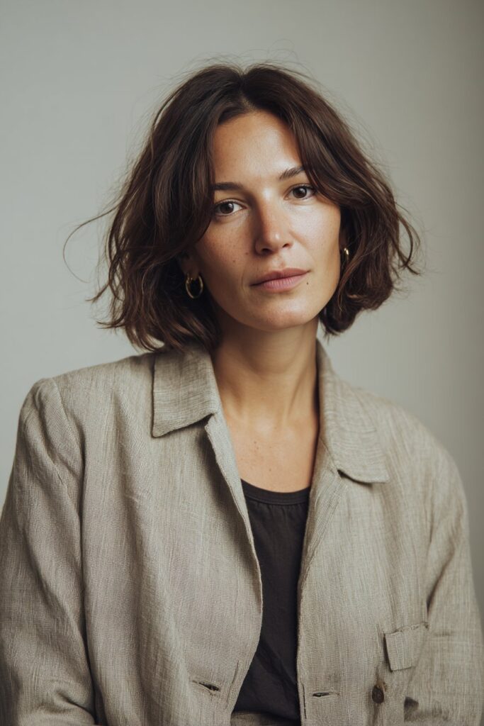 French bob haircut for frizzy hair with textured ends and soft shape