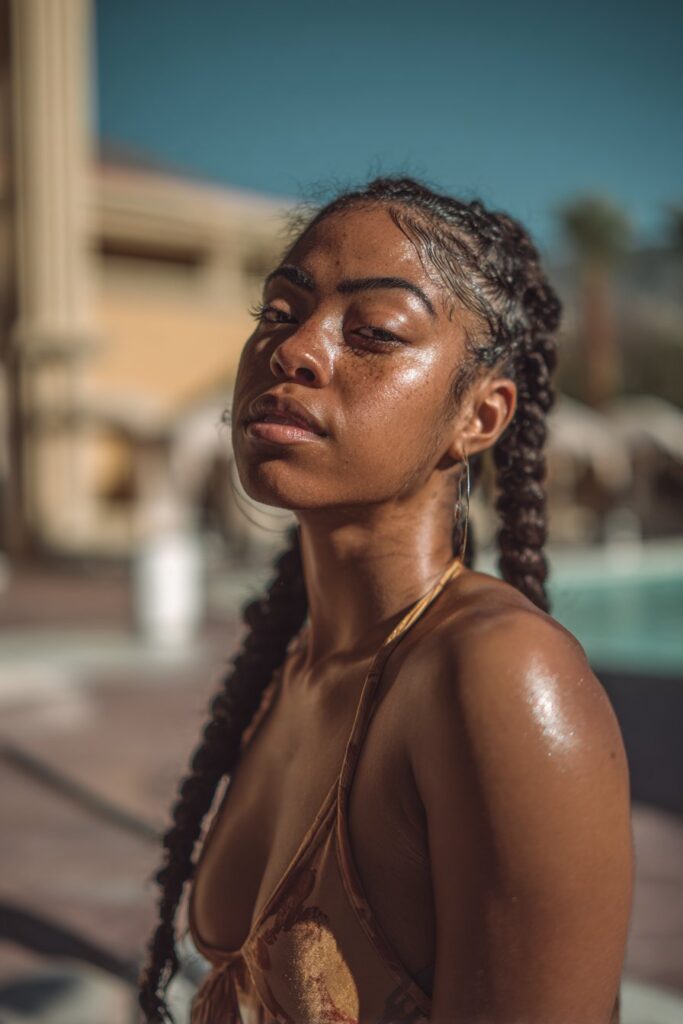 Goddess braids on Black woman, elegant protective vacation updo