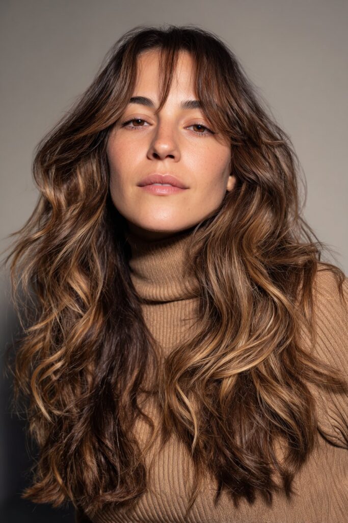 Golden balayage highlights on dark brown hair with soft blend