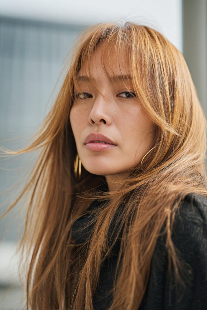 Graduated long curtain bangs with layers for rectangle face shape