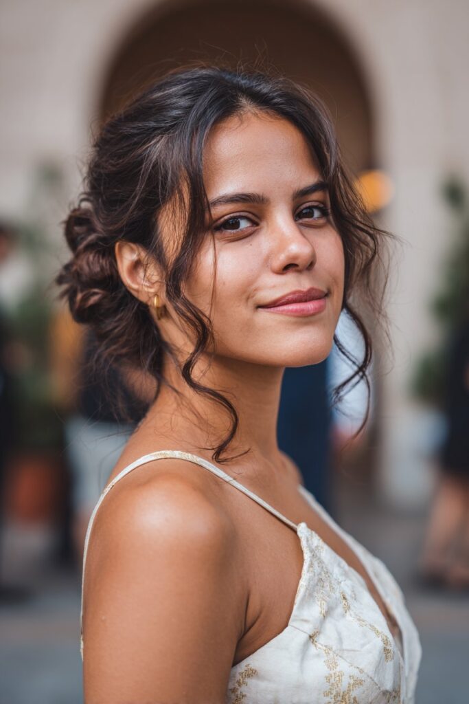 Half up half down grad hairstyle with soft curls