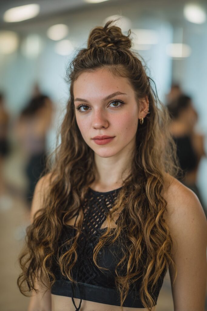 Half up top knot dance hairstyle for long hair