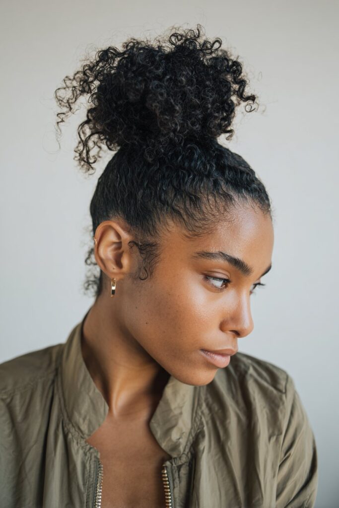 High curly bun hairstyle on Black hair with laid edges