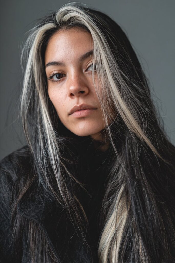 High-contrast calico hair with jet black and platinum streaks