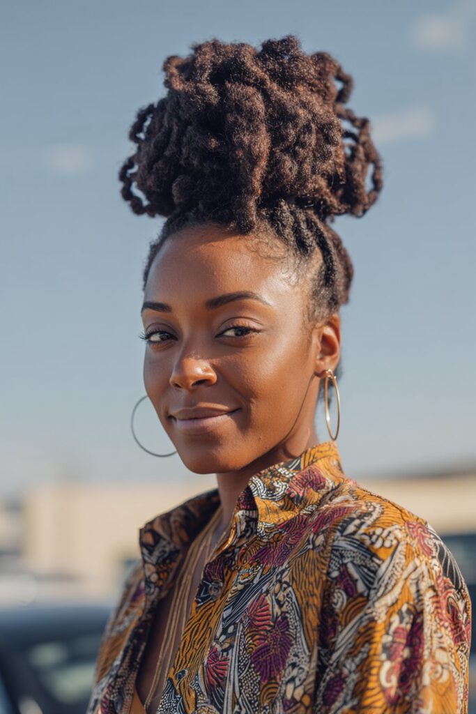 High puff updo hairstyle with locs
