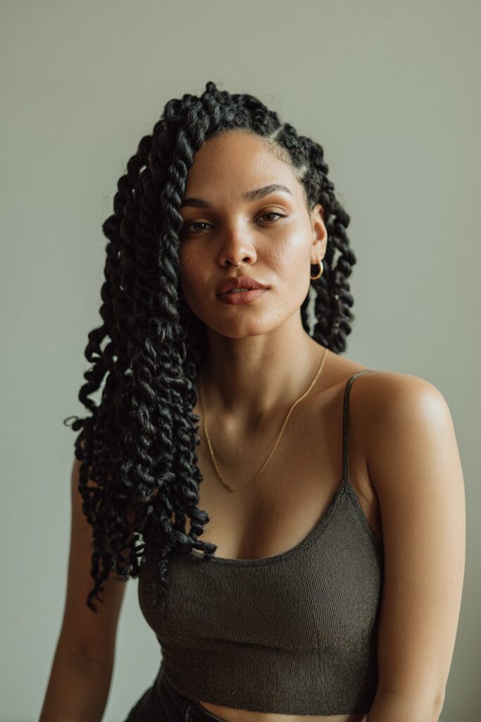 Half up half down jumbo knotless braids hairstyle