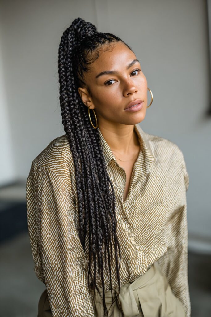 High ponytail with jumbo knotless braids protective style