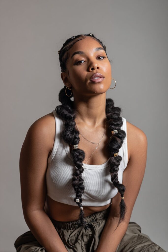 Jumbo knotless braids with beads for decorative look