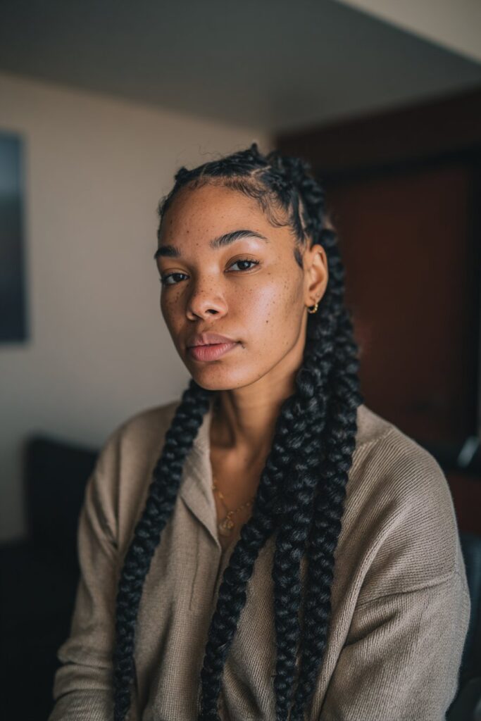 Side part jumbo knotless braids with natural flow