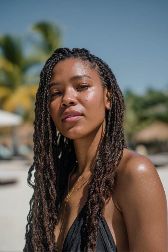 Knotless braids on Black woman, comfy vacation-ready protective hairstyle