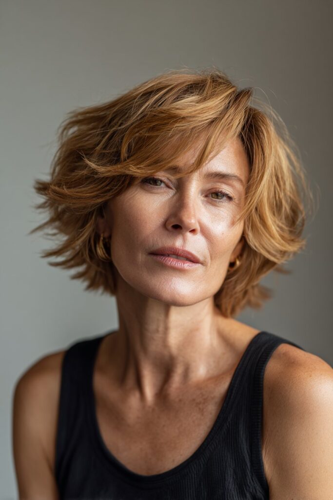 Layered bob haircut for women over 50 with soft movement and volume
