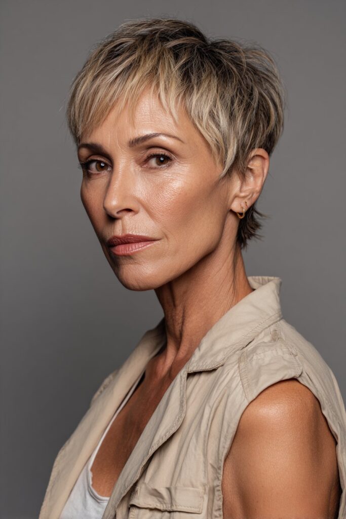 Layered pixie haircut for women over 50 with soft wispy bangs