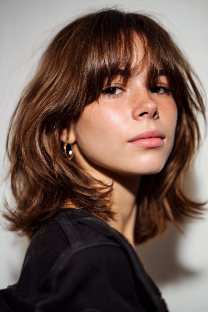 Layered shag haircut with short baby bangs and texture