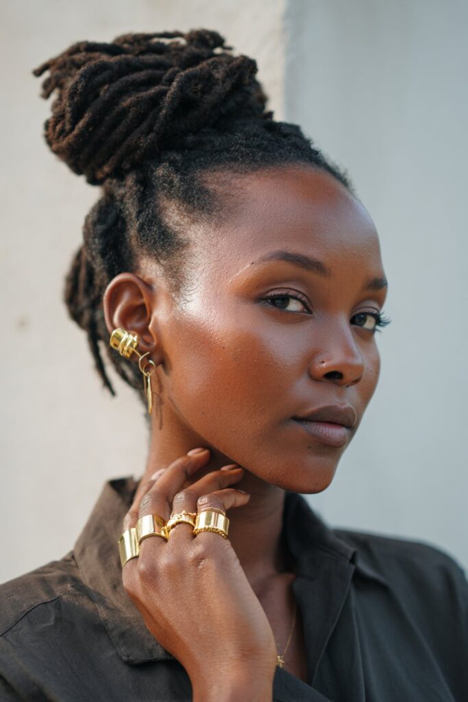 Locs updo hairstyle decorated with gold cuffs