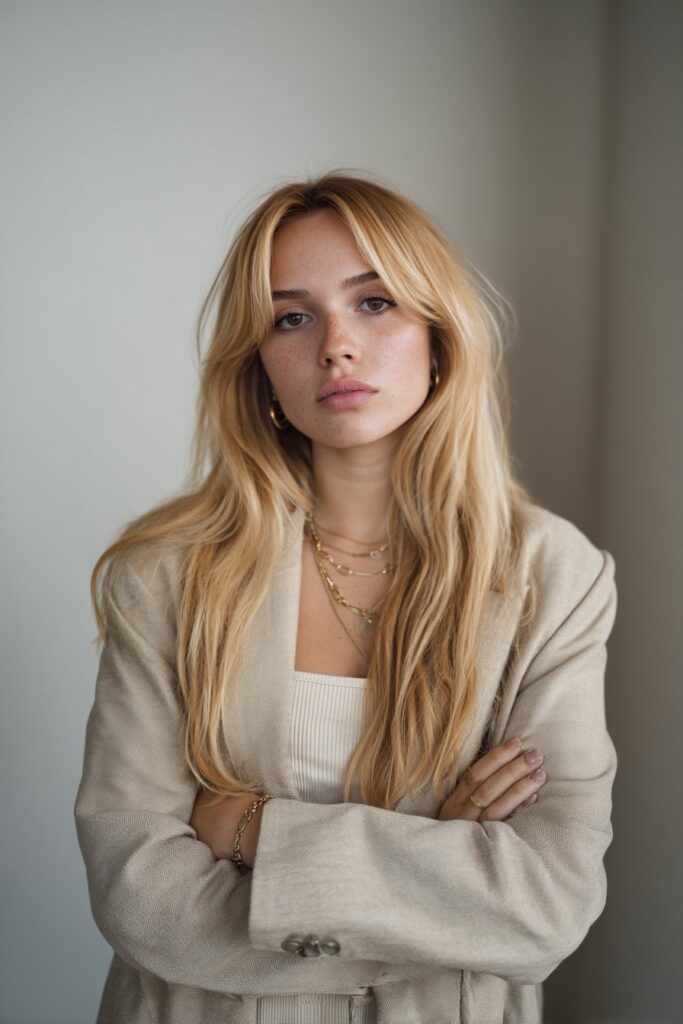 Long blonde hair with curtain bangs and soft layered cut