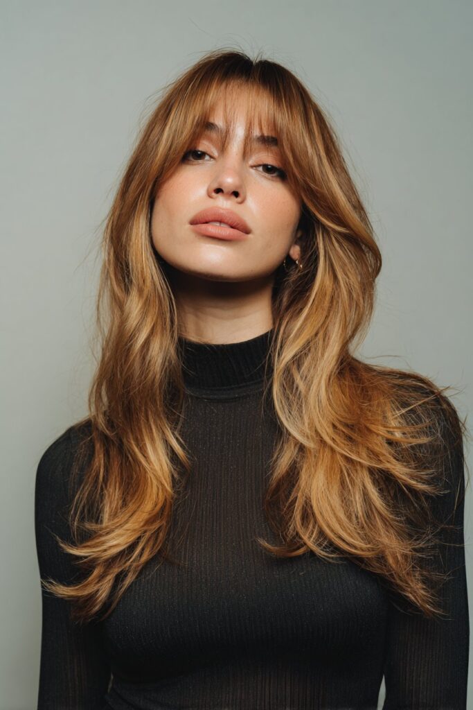 Long highlighted hair with curtain bangs and soft dimension