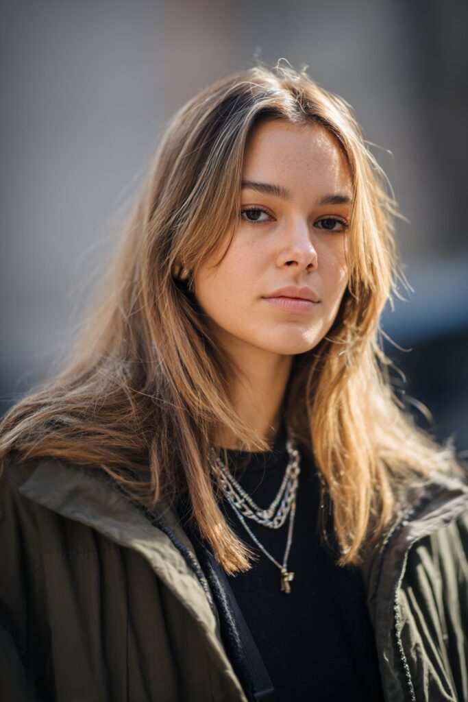 Cheekbone grazing long blended curtain bangs