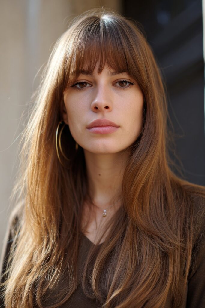 Wispy face framing long curtain bangs for heart shaped face