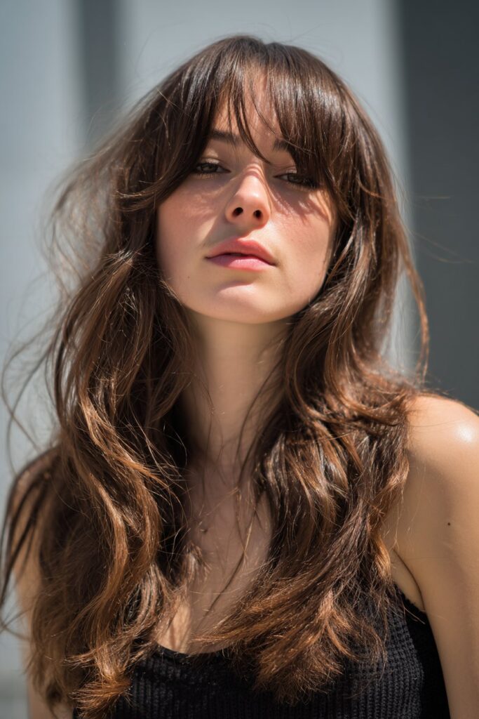 Middle parted long blended curtain bangs framing the face