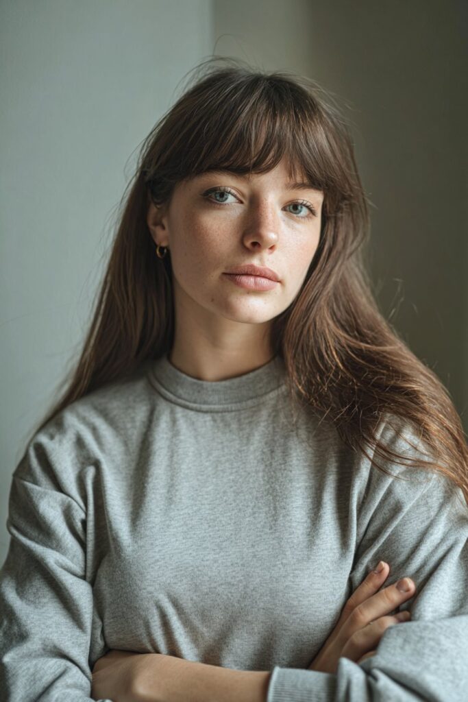 Long hair in ponytail with curtain bangs framing the face